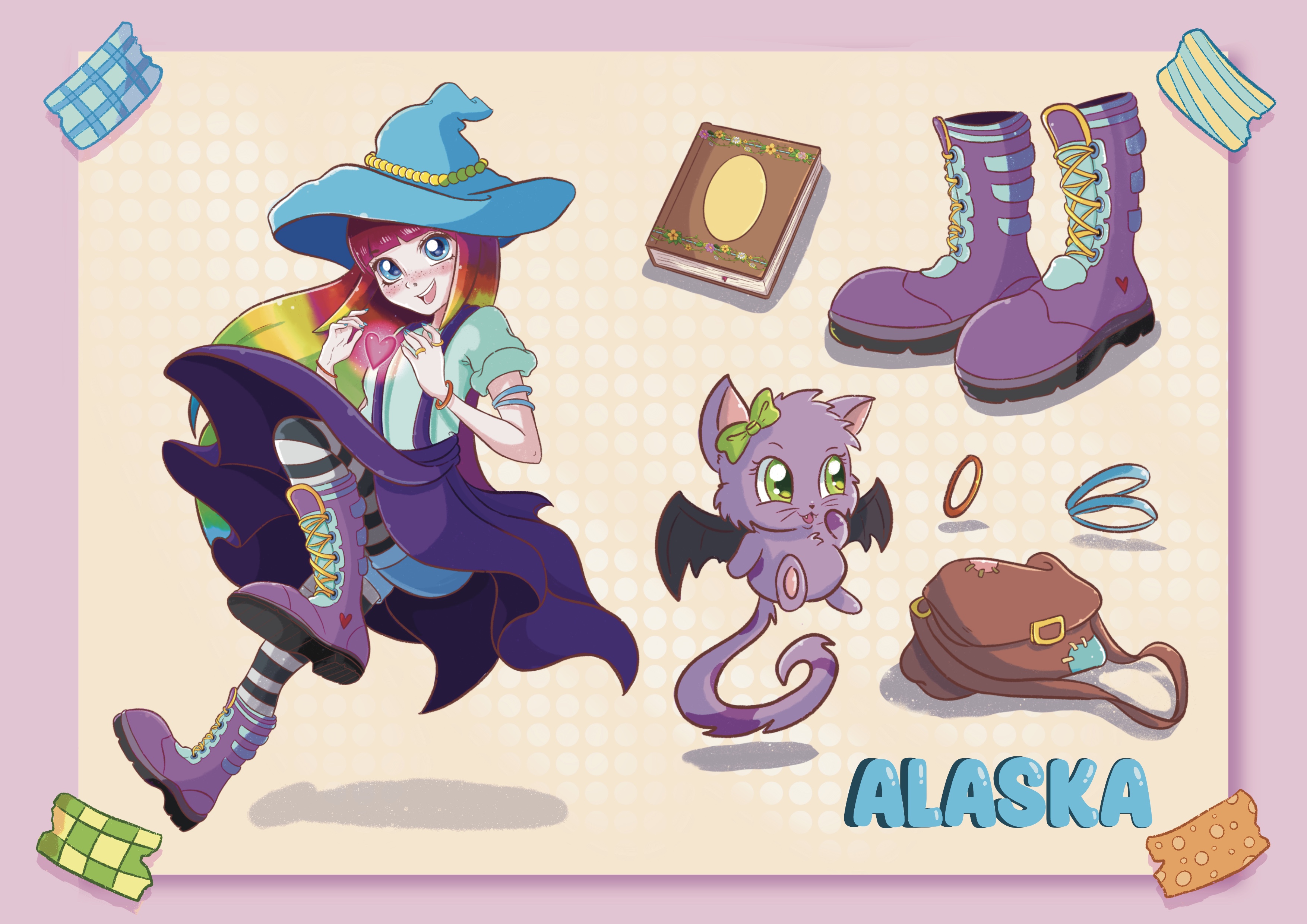 Ficha de personajes con objetos y atuendos a detalle